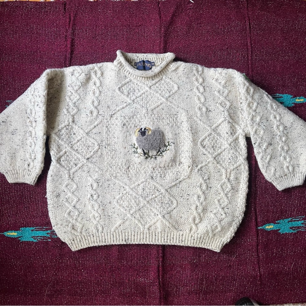 Acorn Cream Cable Knit Sweater with Sheep Embroidery